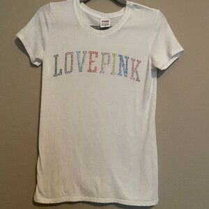 Victoria's Secret PINK Size Small Rainbow Rhinestone LOVE PINK Tee.